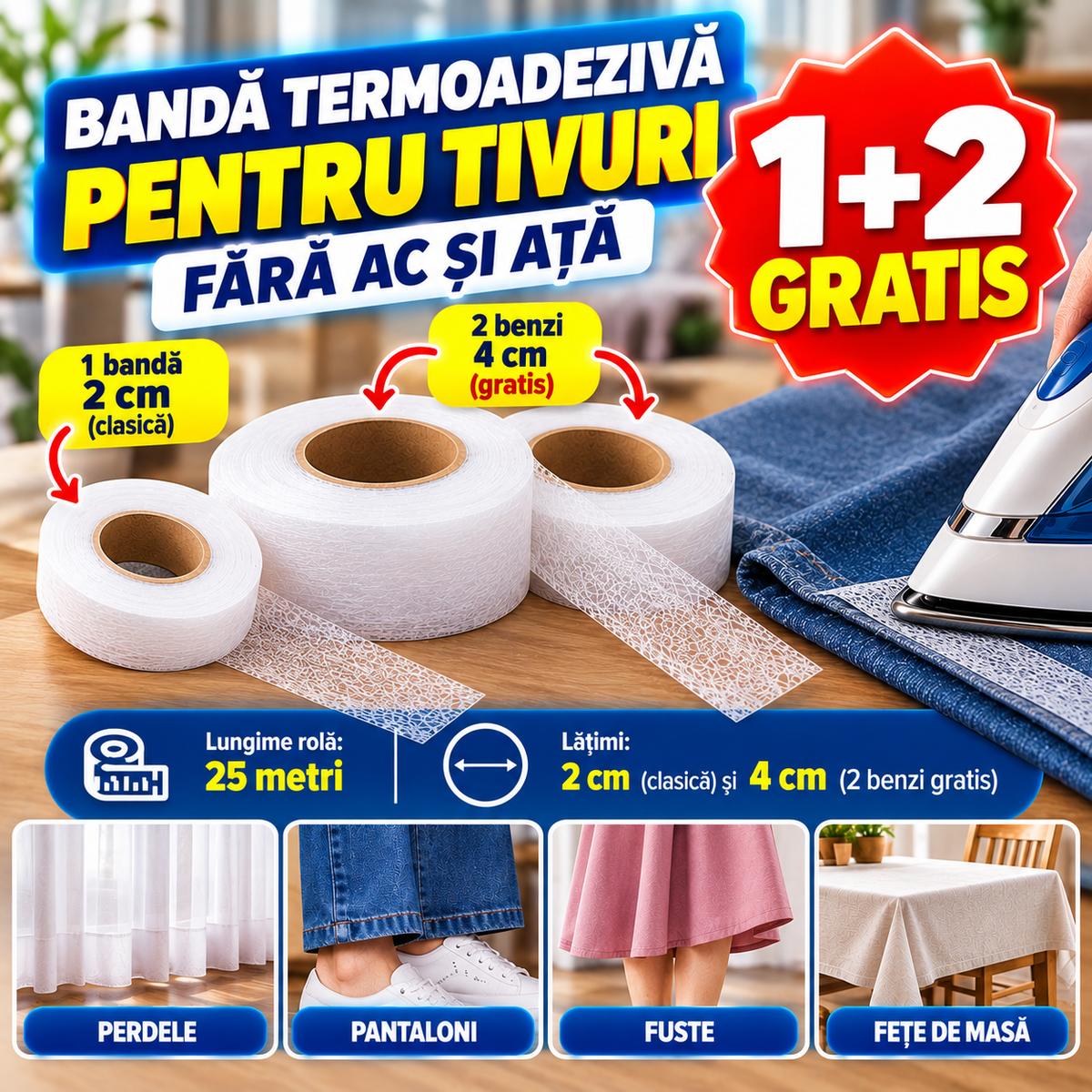 Bandă Pentru Textile Termoadezivă - 1 + 2 GRATIS!