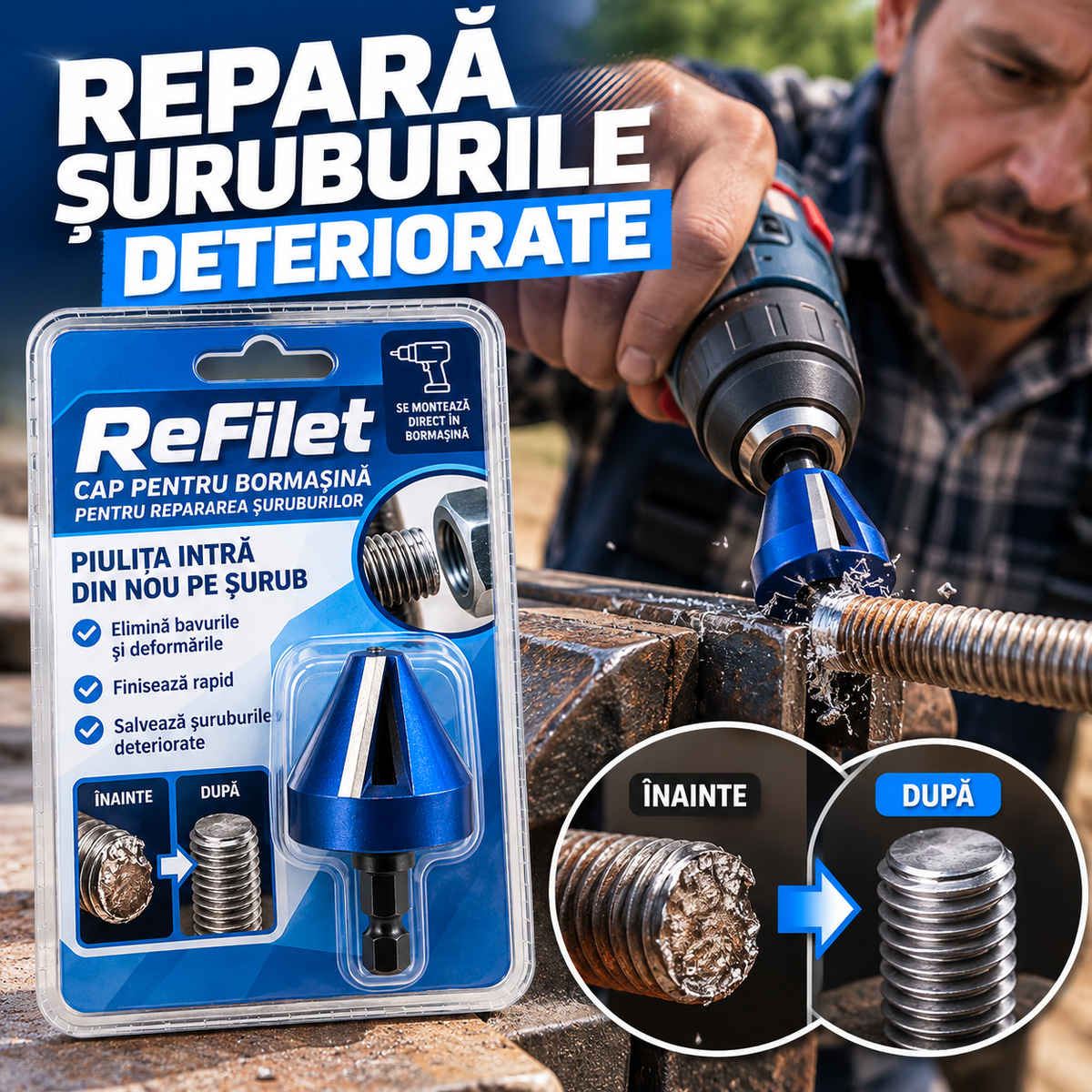 ReFilet – Kit de Bormașină care Repară Capetele Șuruburilor
