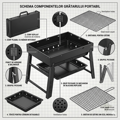 PortaGrill - Grătar Pliabil pentru Picnic și Camping